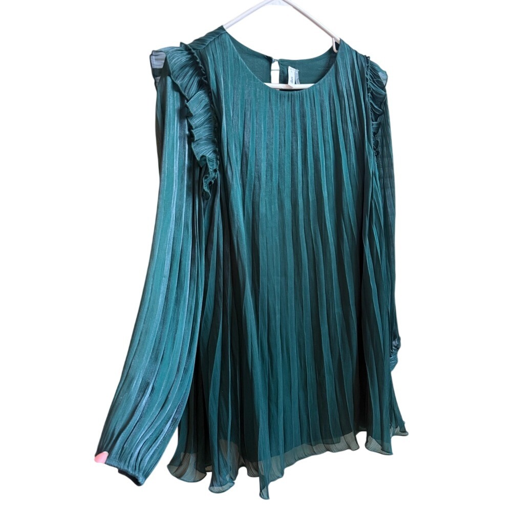 Glam Emerald Green Pleated Ruffle Shoulder Mini Dress Large GD6903